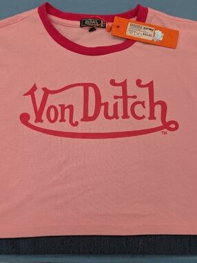 Von Dutch Pink Logo Ringer Tee•Large•NWT! Crop Top! Hot!